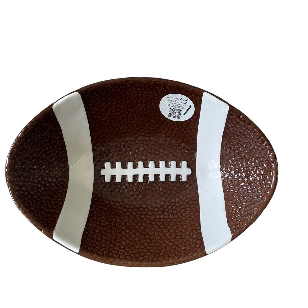LANG Hand Painted Ceramic FOOTBALL Shaped Serving Bowl Brown White Decor NEW